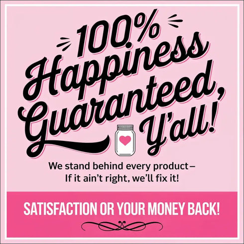 Pink happiness guarantee advertisement for Baby’s 1st Christmas ornament handmade wooden keepsake